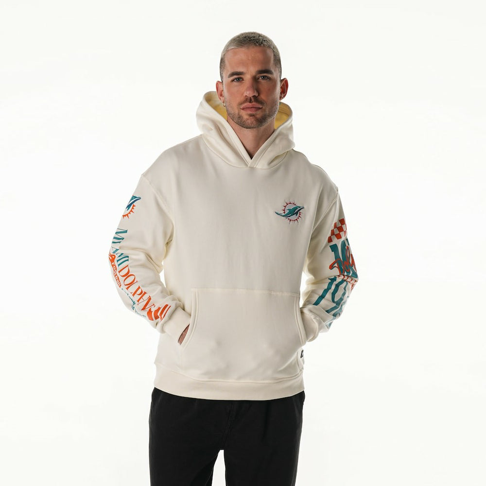 Miami Dolphins The Wild Collective Unisex Stacked Graphic Sleeve Fleece Hoodie Cream - NFL
