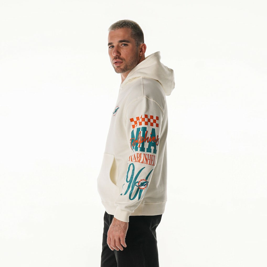 Miami Dolphins The Wild Collective Unisex Stacked Graphic Sleeve Fleece Hoodie Cream - NFL