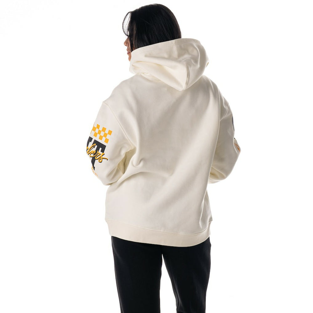 Pittsburgh Steelers The Wild Collective Unisex Stacked Graphic Sleeve Fleece Hoodie Cream - NFL