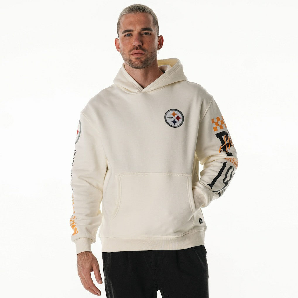 Pittsburgh Steelers The Wild Collective Unisex Stacked Graphic Sleeve Fleece Hoodie Cream - NFL