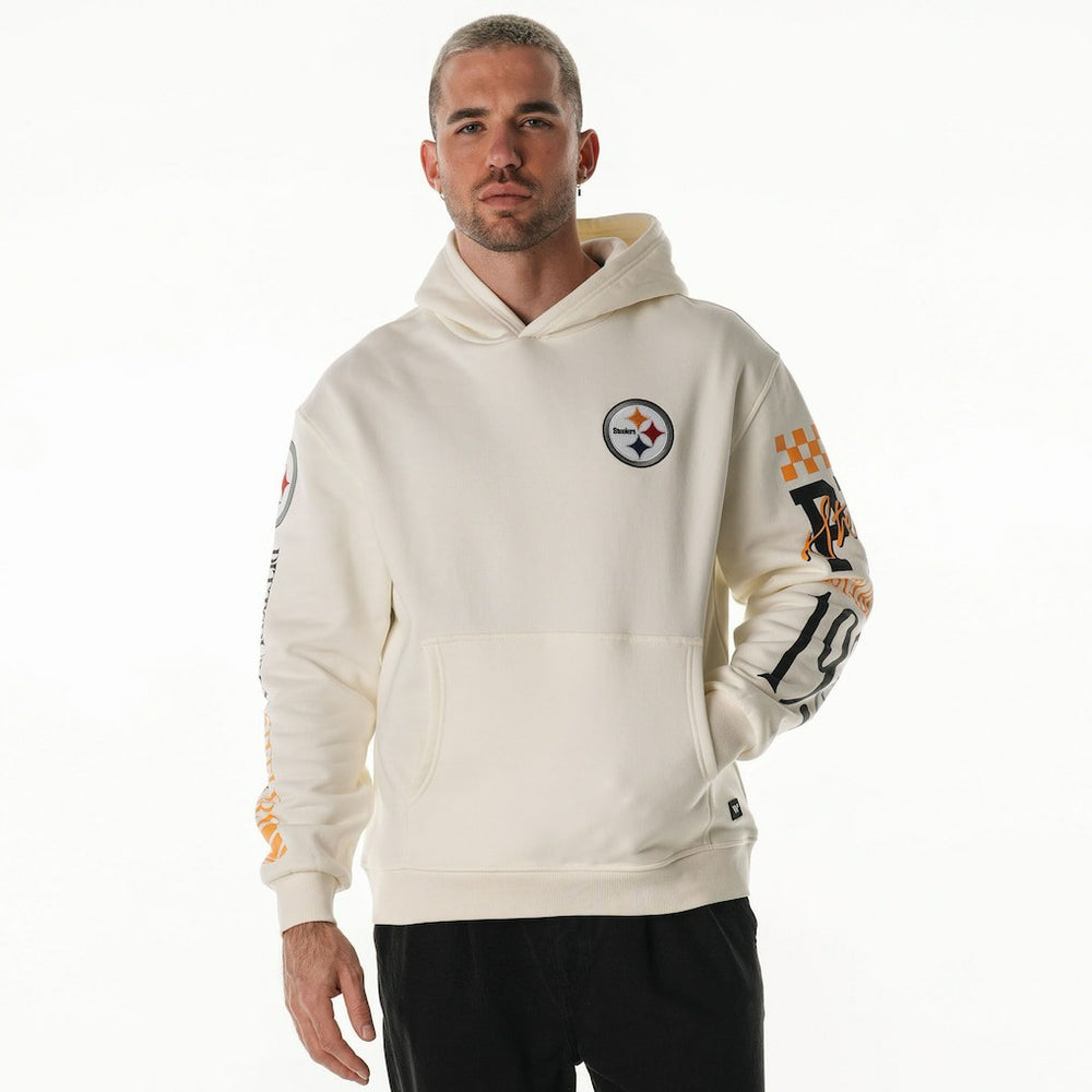 Pittsburgh Steelers The Wild Collective Unisex Stacked Graphic Sleeve Fleece Hoodie Cream - NFL