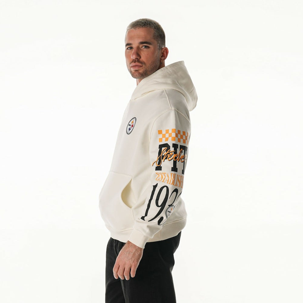 Pittsburgh Steelers The Wild Collective Unisex Stacked Graphic Sleeve Fleece Hoodie Cream - NFL