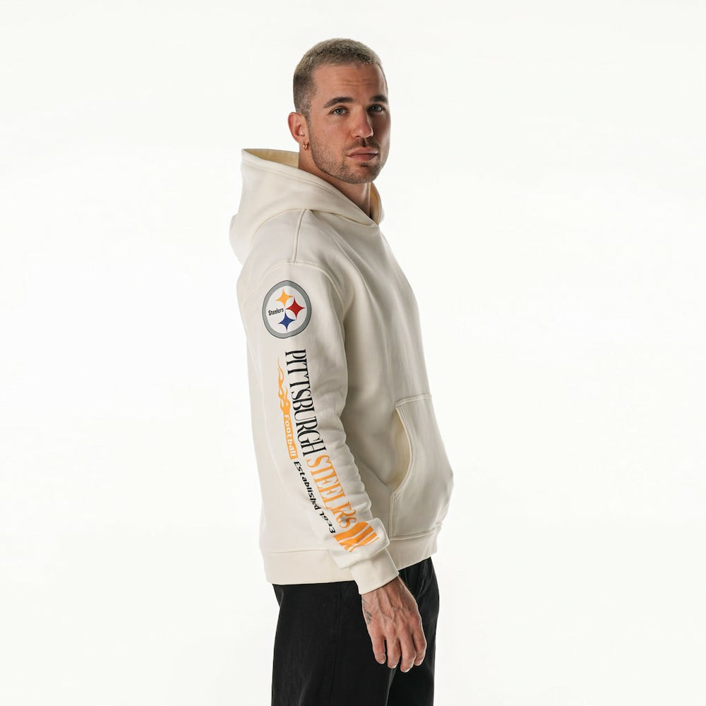 Pittsburgh Steelers The Wild Collective Unisex Stacked Graphic Sleeve Fleece Hoodie Cream - NFL