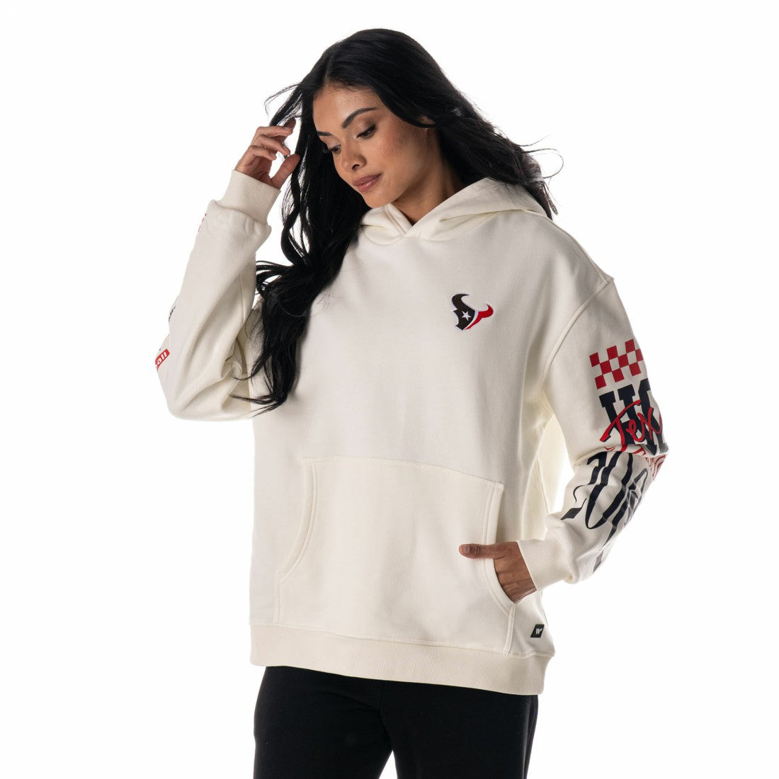 Houston Texans The Wild Collective Unisex Stacked Graphic Sleeve Fleece Hoodie Cream - NFL