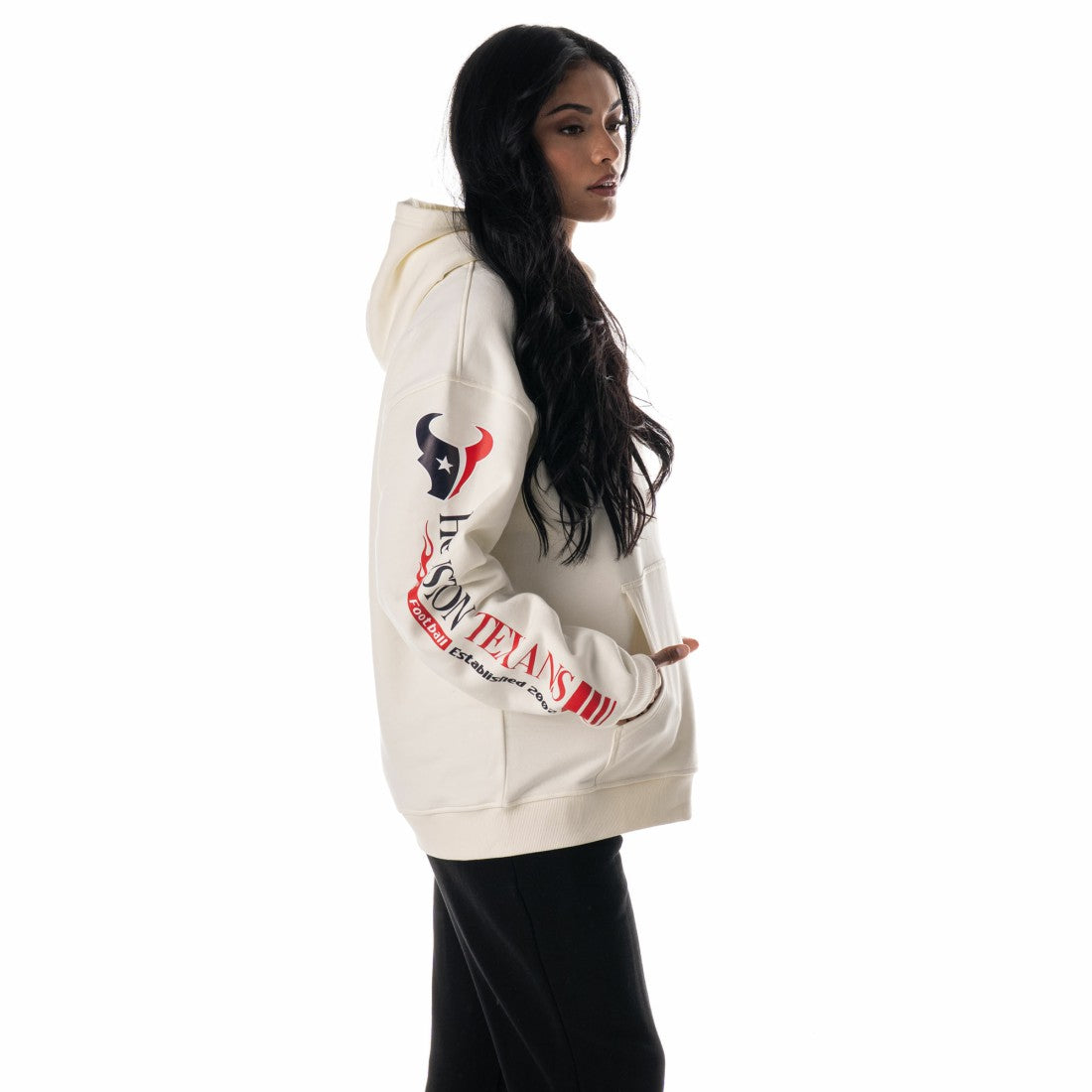 Houston Texans The Wild Collective Unisex Stacked Graphic Sleeve Fleece Hoodie Cream - NFL