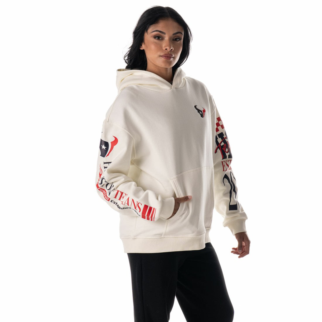 Houston Texans The Wild Collective Unisex Stacked Graphic Sleeve Fleece Hoodie Cream - NFL