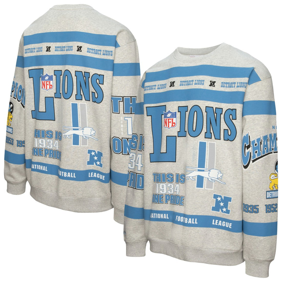 Detroit Lions All Over Print Vintage Fleece Crewneck Sweatshirt Heather Gray - Mitchell & Ness