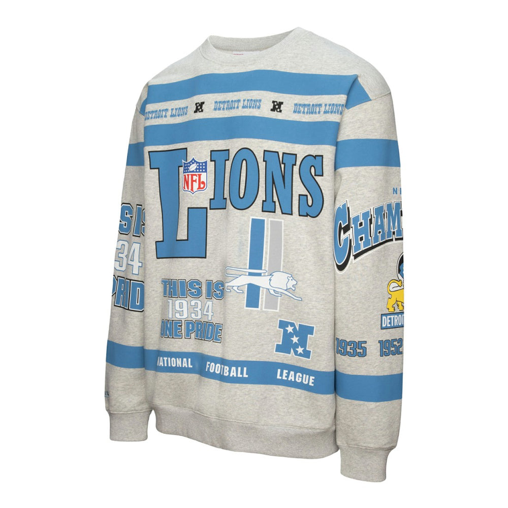 Detroit Lions All Over Print Vintage Fleece Crewneck Sweatshirt Heather Gray - Mitchell & Ness