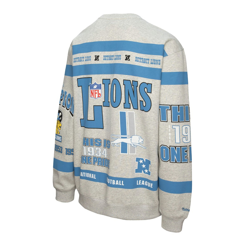 Detroit Lions All Over Print Vintage Fleece Crewneck Sweatshirt Heather Gray - Mitchell & Ness