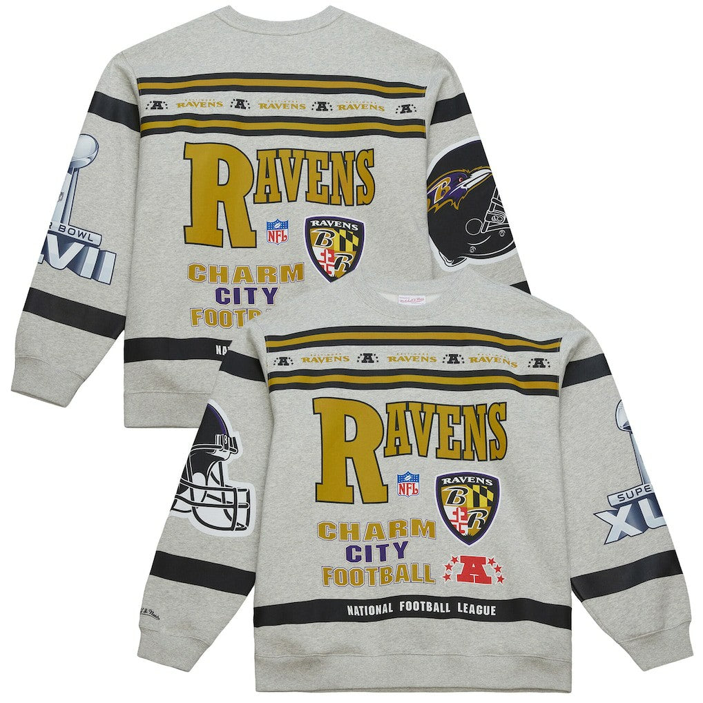 Baltimore Ravens All Over Print Vintage Fleece Crewneck Sweatshirt Heather Gray - Mitchell & Ness