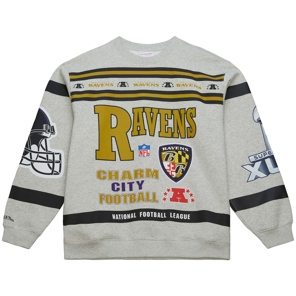 Baltimore Ravens All Over Print Vintage Fleece Crewneck Sweatshirt Heather Gray - Mitchell & Ness