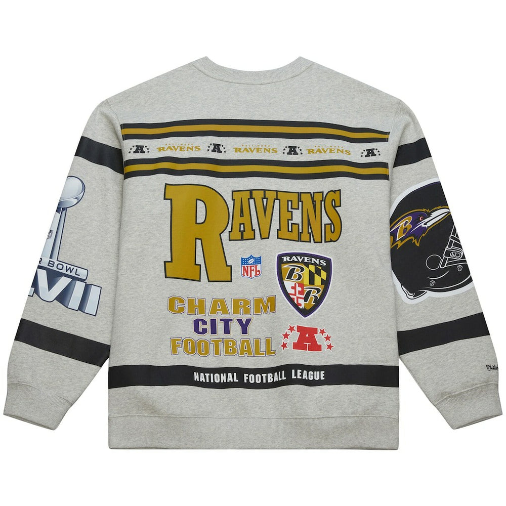 Baltimore Ravens All Over Print Vintage Fleece Crewneck Sweatshirt Heather Gray - Mitchell & Ness
