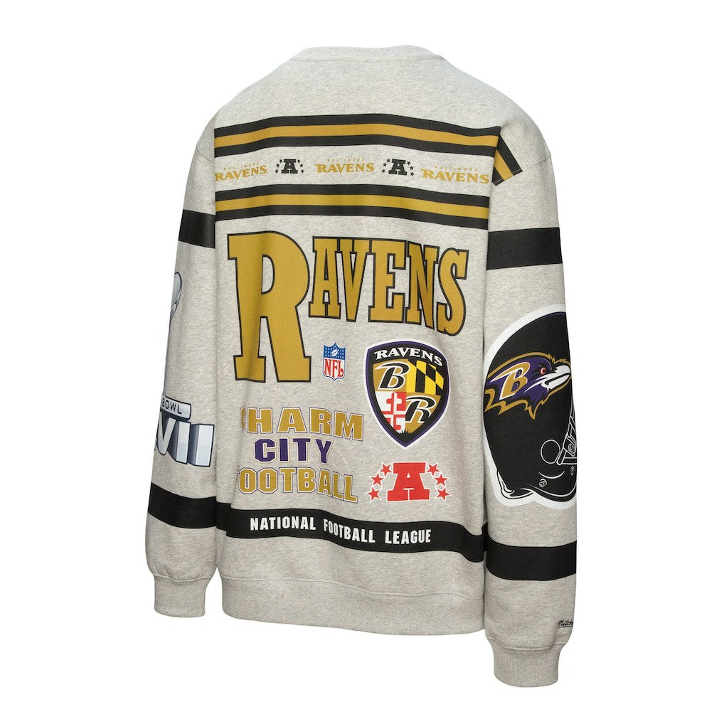 Baltimore Ravens All Over Print Vintage Fleece Crewneck Sweatshirt Heather Gray - Mitchell & Ness