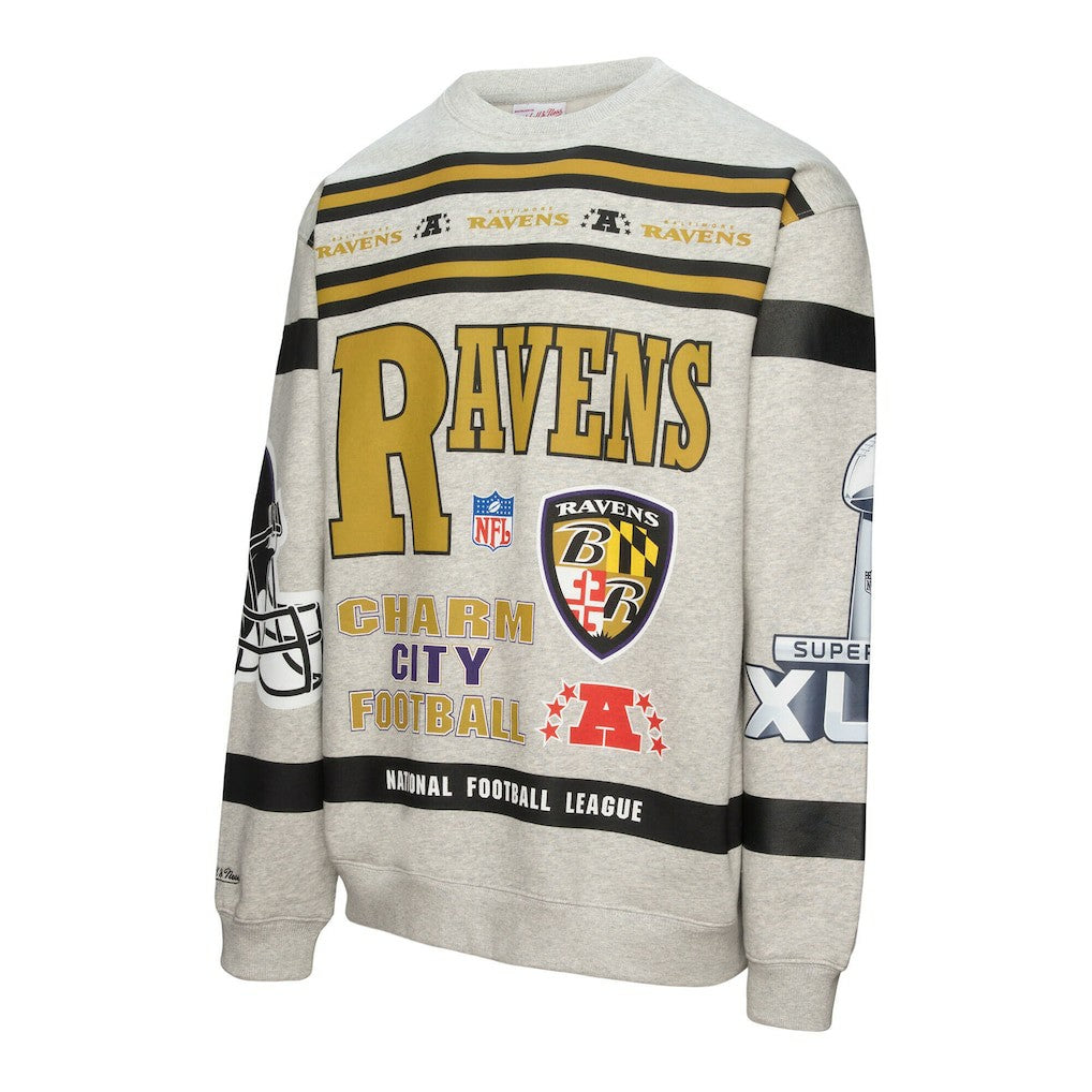Baltimore Ravens All Over Print Vintage Fleece Crewneck Sweatshirt Heather Gray - Mitchell & Ness