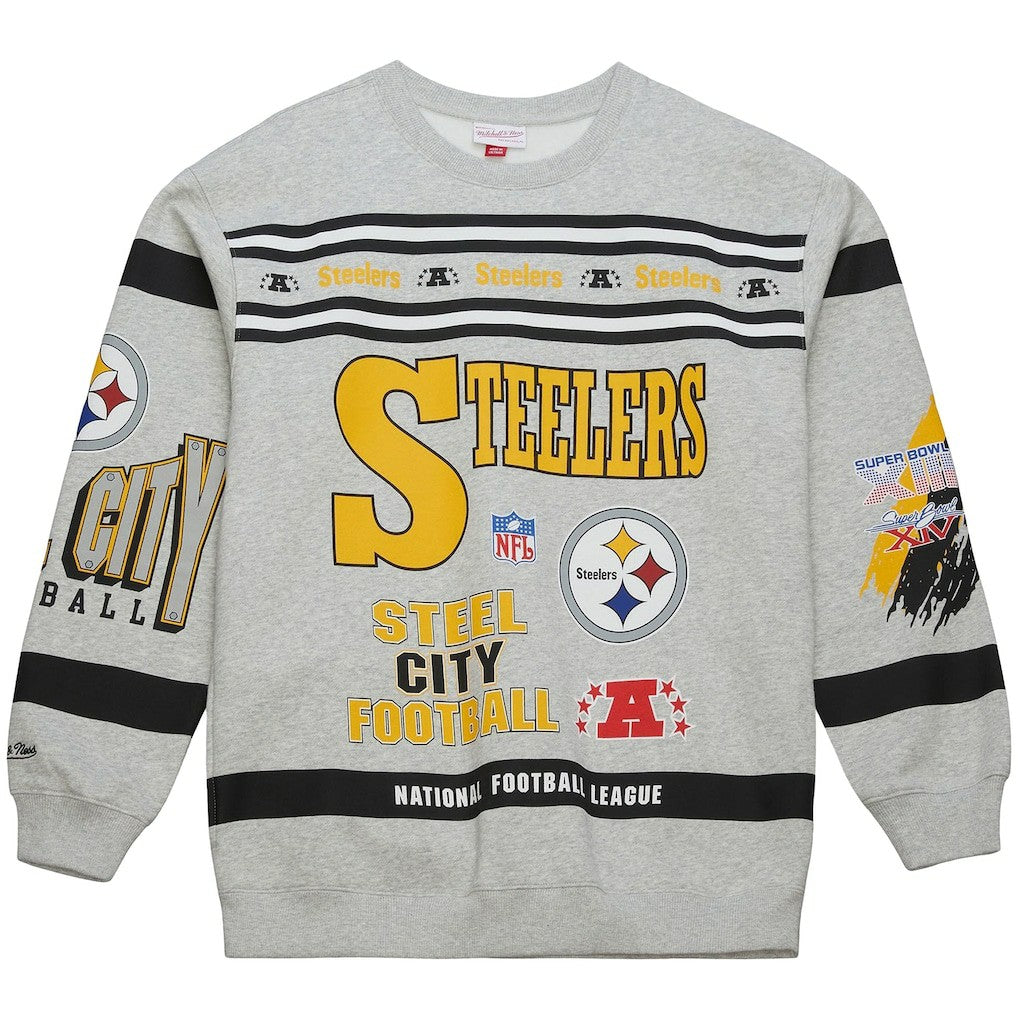 Pittsburgh Steelers All Over Print Vintage Fleece Crewneck Sweatshirt Heather Gray - Mitchell & Ness