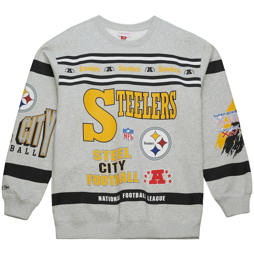 Pittsburgh Steelers All Over Print Vintage Fleece Crewneck Sweatshirt Heather Gray - Mitchell & Ness