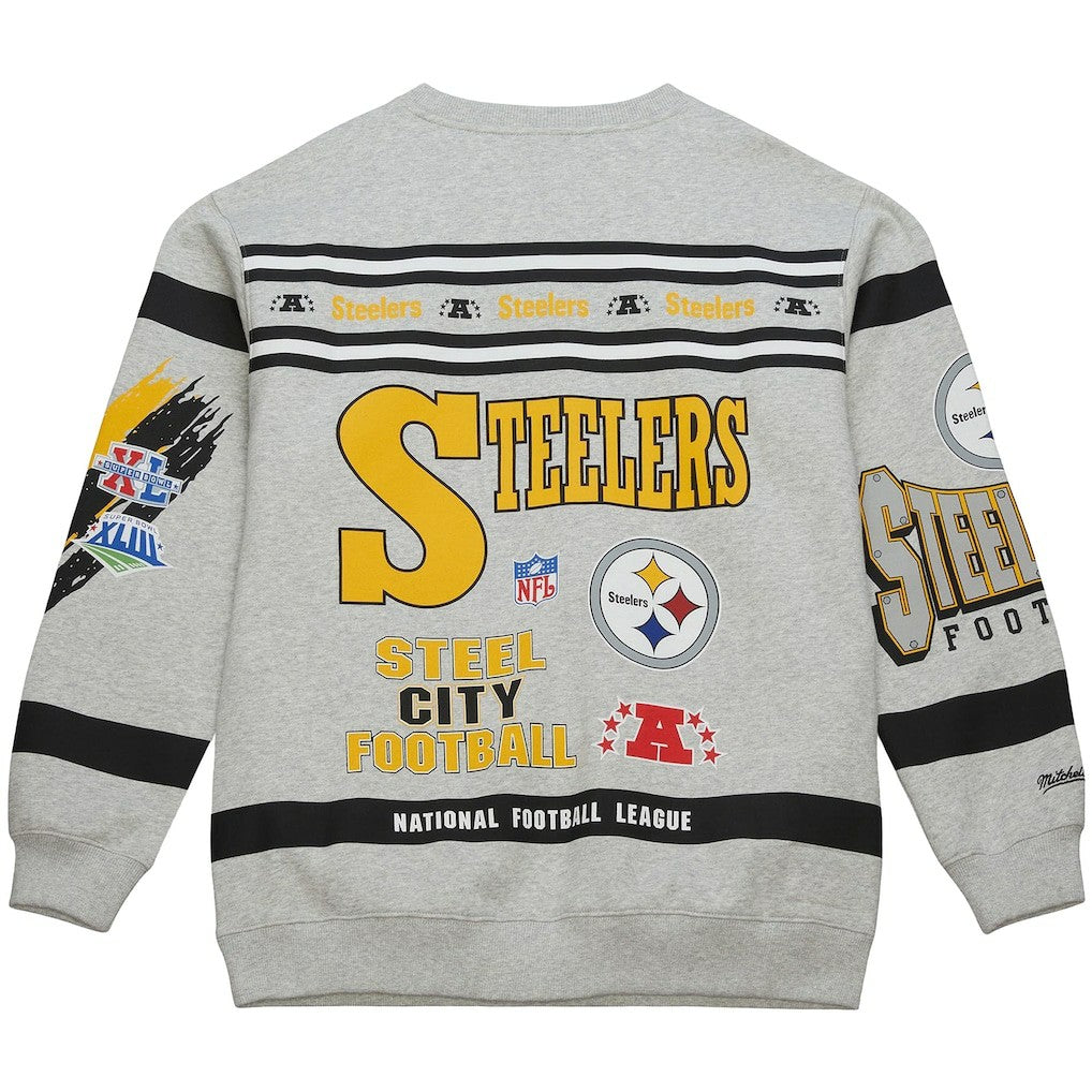 Pittsburgh Steelers All Over Print Vintage Fleece Crewneck Sweatshirt Heather Gray - Mitchell & Ness