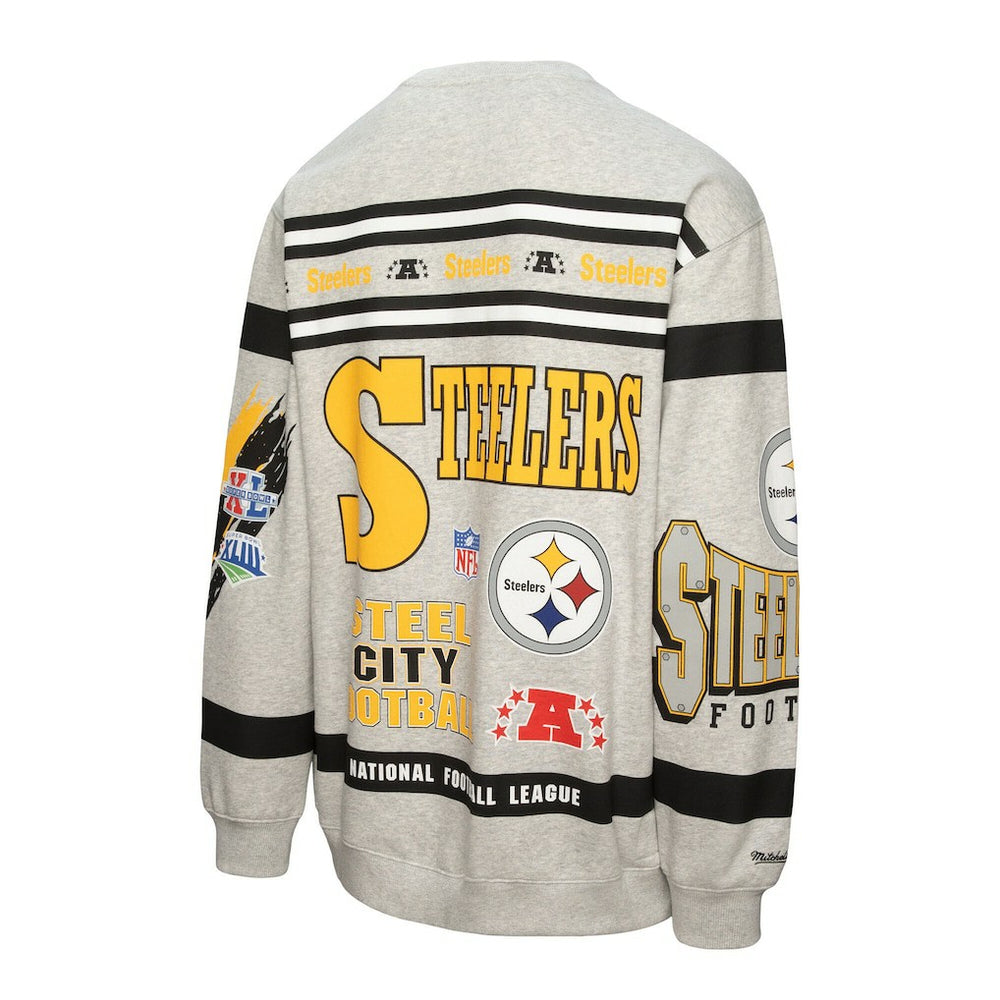 Pittsburgh Steelers All Over Print Vintage Fleece Crewneck Sweatshirt Heather Gray - Mitchell & Ness