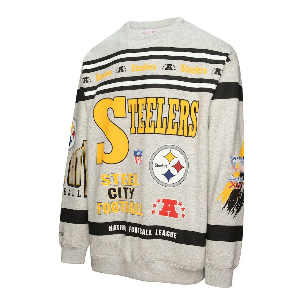 Pittsburgh Steelers All Over Print Vintage Fleece Crewneck Sweatshirt Heather Gray - Mitchell & Ness