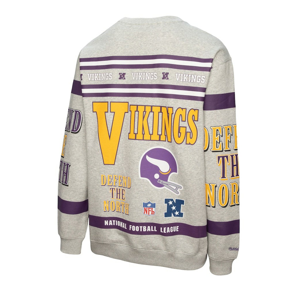 Minnesota Vikings All Over Print Vintage Fleece Crewneck Sweatshirt Heather Gray - Mitchell & Ness