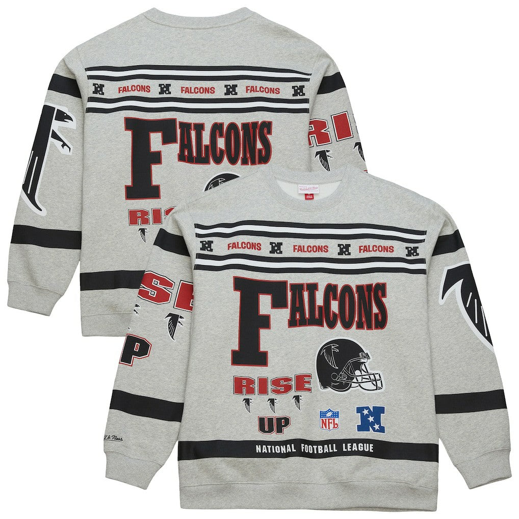 Atlanta Falcons All Over Print Vintage Fleece Crewneck Sweatshirt Heather Gray - Mitchell & Ness
