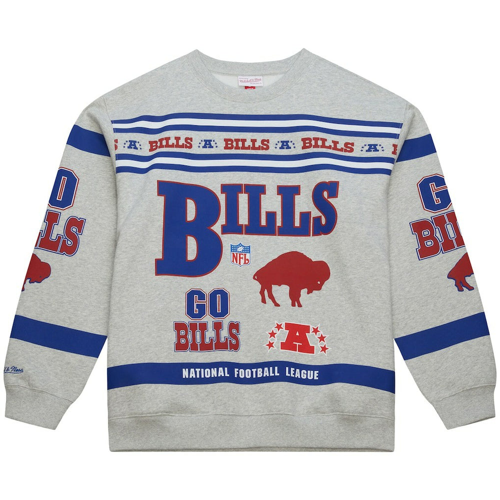 Buffalo Bills All Over Print Vintage Fleece Crewneck Sweatshirt Heather Gray - Mitchell & Ness