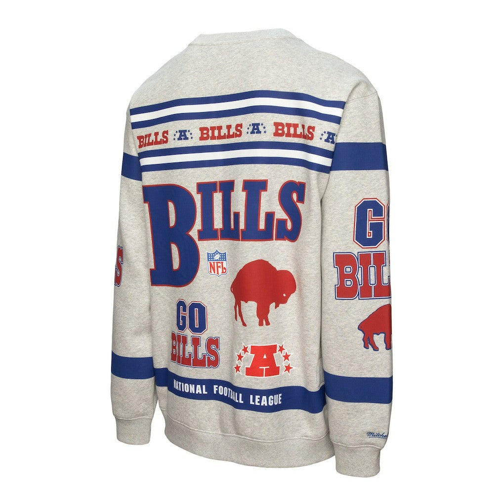 Buffalo Bills All Over Print Vintage Fleece Crewneck Sweatshirt Heather Gray - Mitchell & Ness