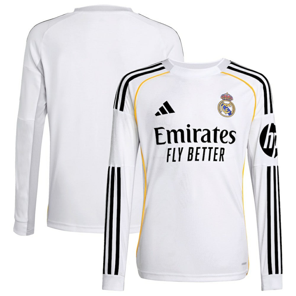 Adidas Real Madrid Youth 2025/26 Home Replica Long Sleeve Jerseys - White