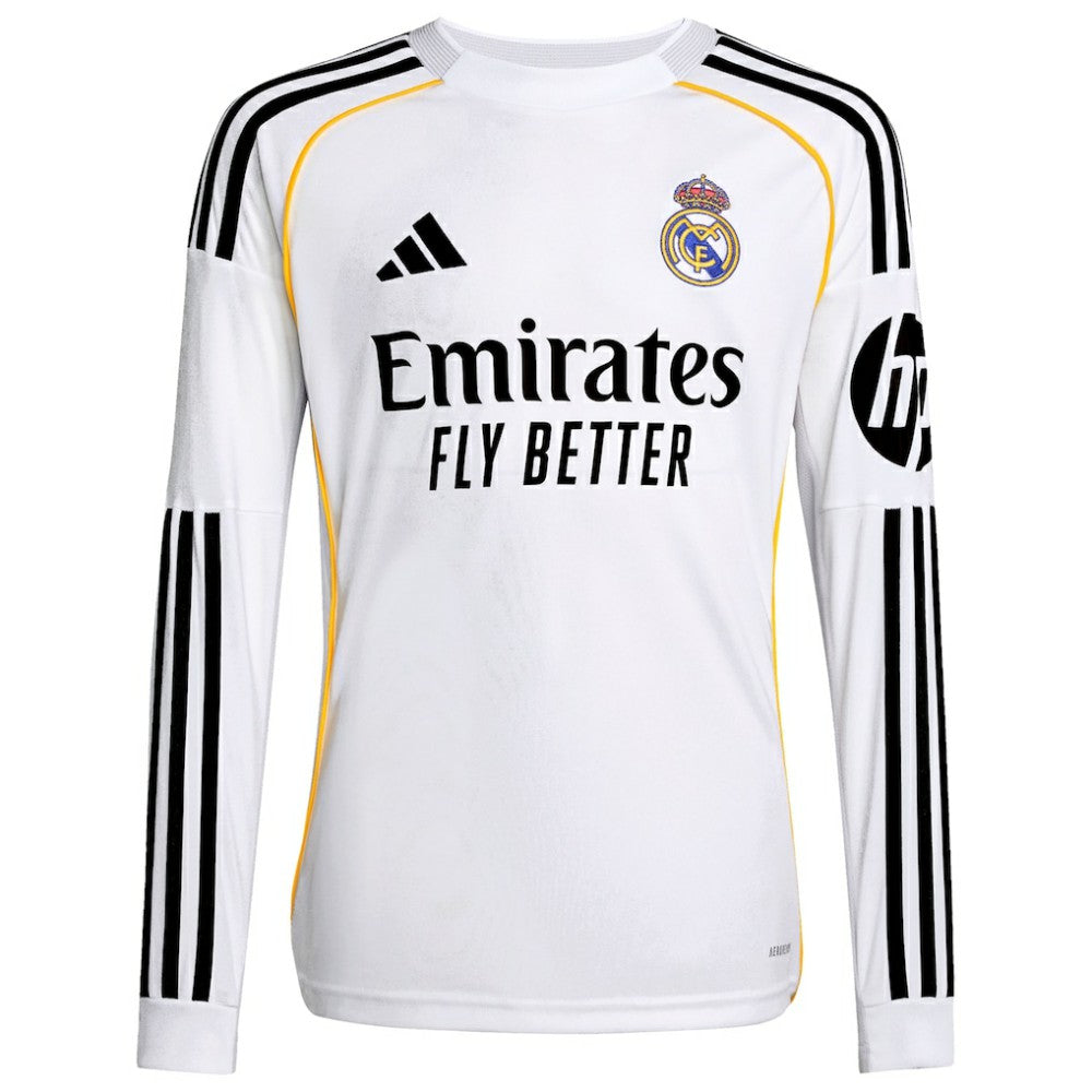 Adidas Real Madrid Youth 2025/26 Home Replica Long Sleeve Jerseys - White