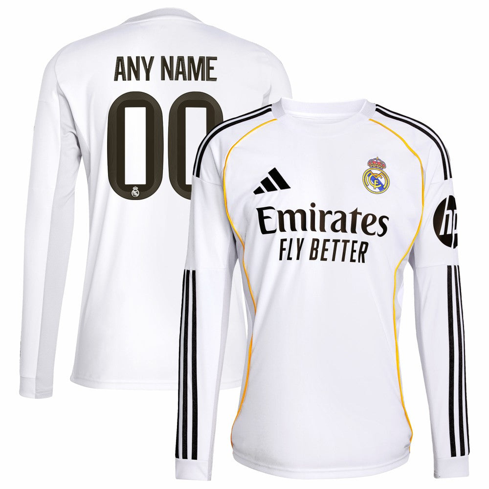 Adidas Real Madrid 2025/26 Home Replica Long Sleeve Custom Jerseys - White