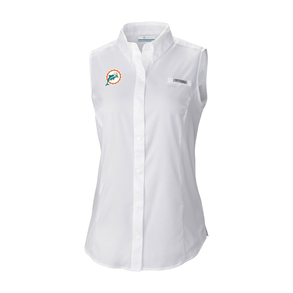 Miami Dolphins Women's Historic Tamiami Omni-Shade Sleeveless Button-Up Shirt White - Columbia