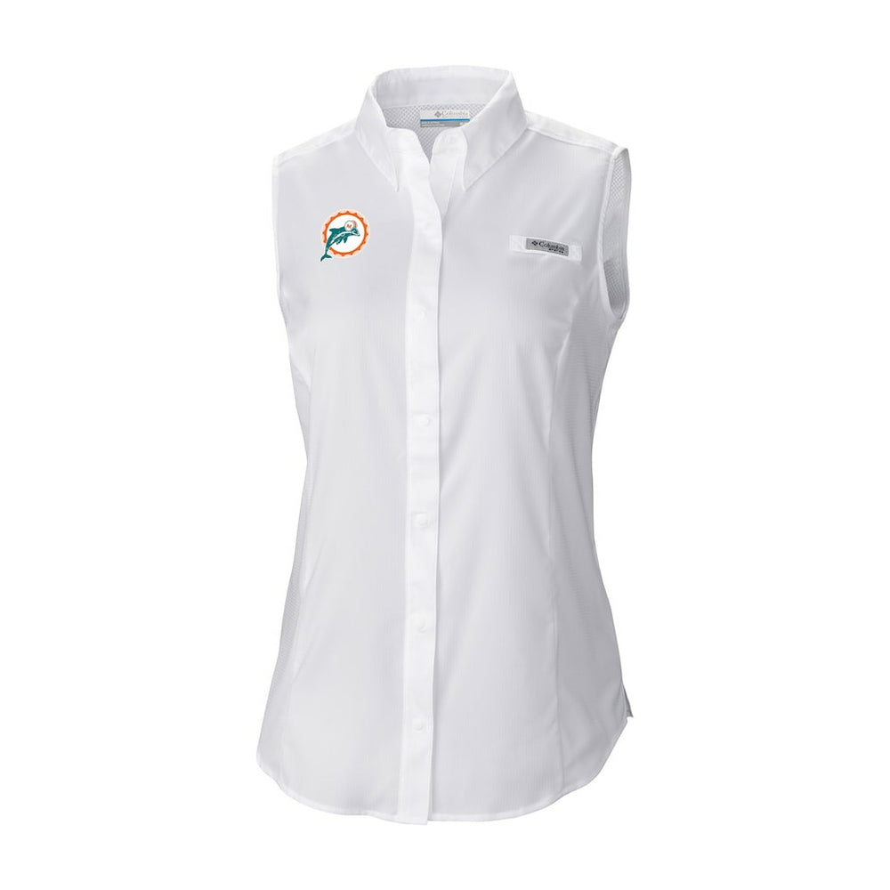 Miami Dolphins Women's Historic Tamiami Omni-Shade Sleeveless Button-Up Shirt White - Columbia