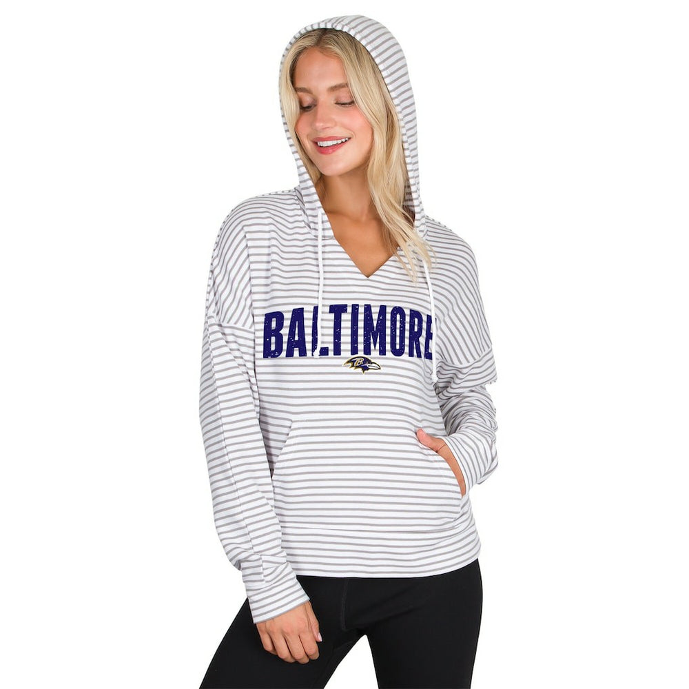 Baltimore Ravens Concepts Sport Women's Liftoff Striped V-Neck Hoodie White/Gray - NFL