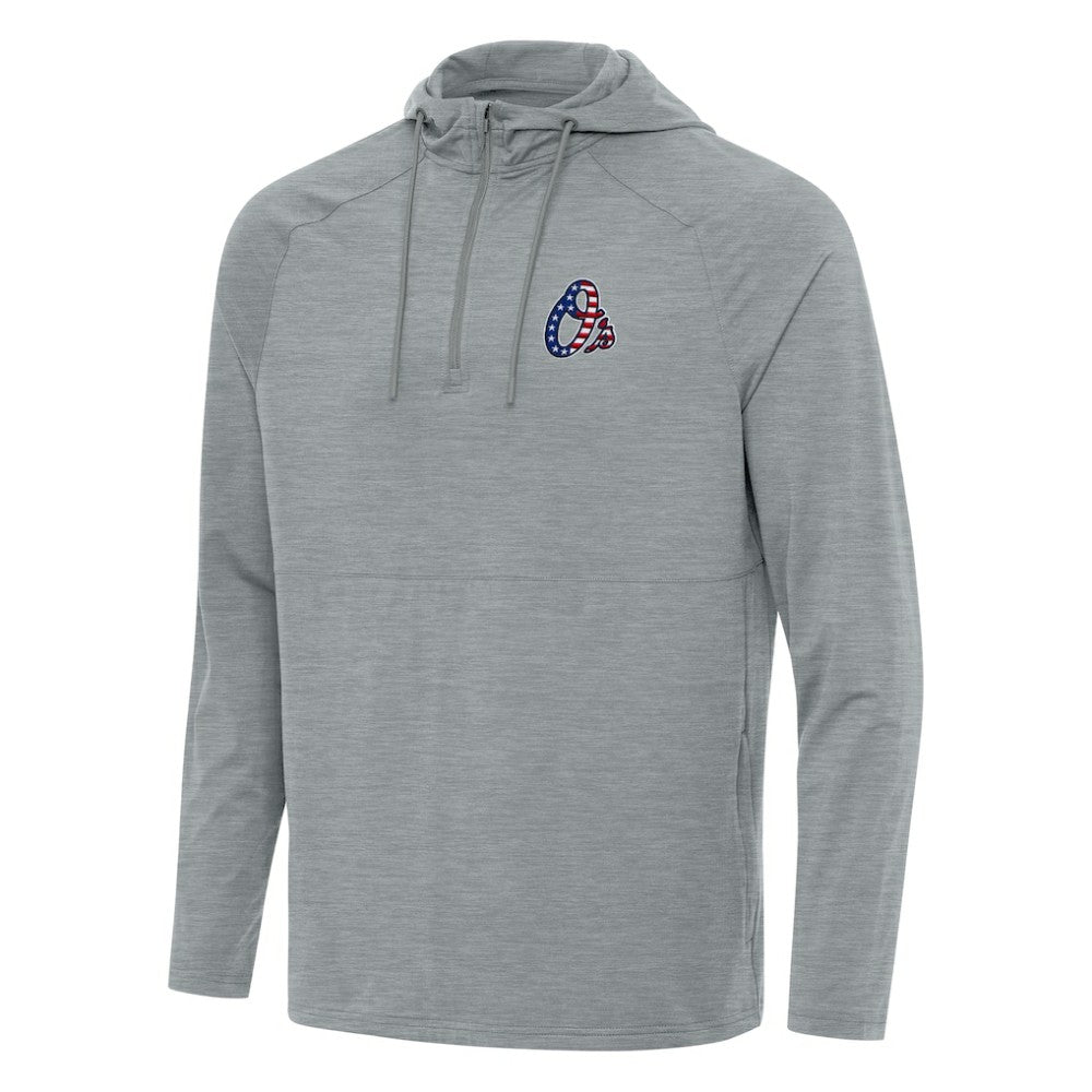 Baltimore Orioles Antigua Spikes Stars and Stripes Team Logo Quarter-Zip Pullover Hoodie Lifestyle