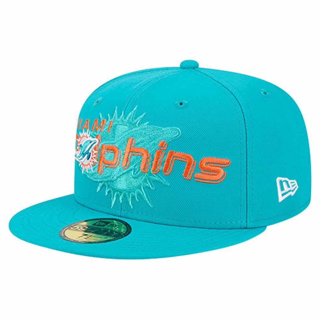 Miami Dolphins New Era Overlap Wordmark 59FIFTY Fitted Hat Aqua - NFL
