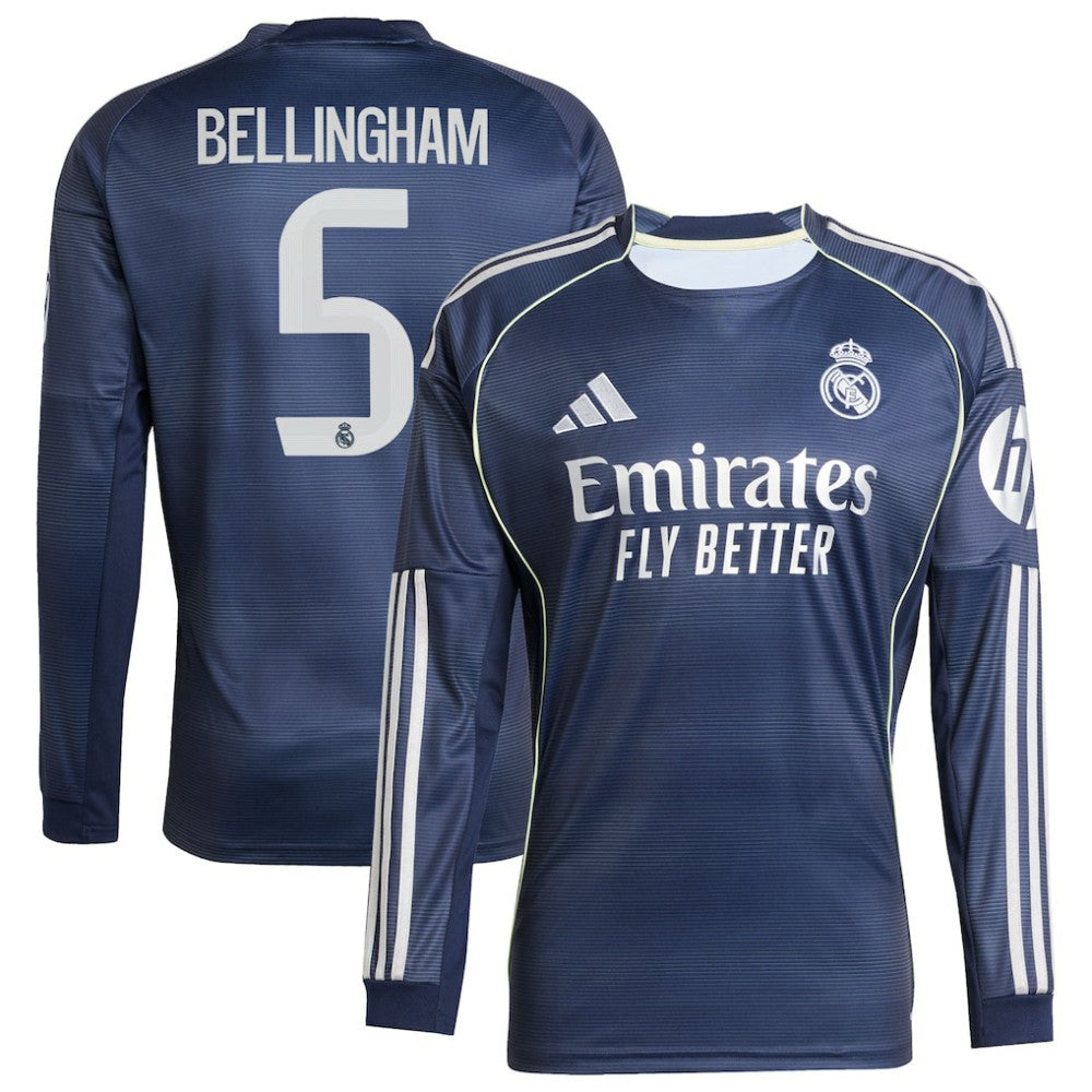 Jude Bellingham Real Madrid 2025/26 Away Long Sleeve Replica Jerseys - Blue