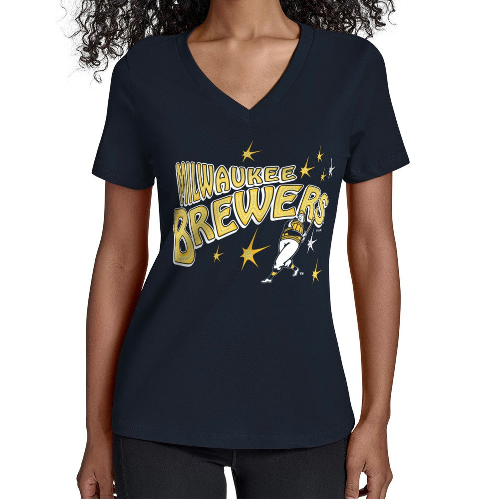 Milwaukee Brewers Starter Women's Fireworks V-Neck T-Shirt Sale