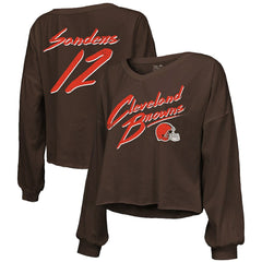 Shedeur Sanders Cleveland Browns Majestic Threads Women's Name & Number Off-Shoulder Script Cropped Long Sleeve Relaxed V-Neck T-Shirt Brown - NFL