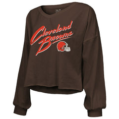 Shedeur Sanders Cleveland Browns Majestic Threads Women's Name & Number Off-Shoulder Script Cropped Long Sleeve Relaxed V-Neck T-Shirt Brown - NFL