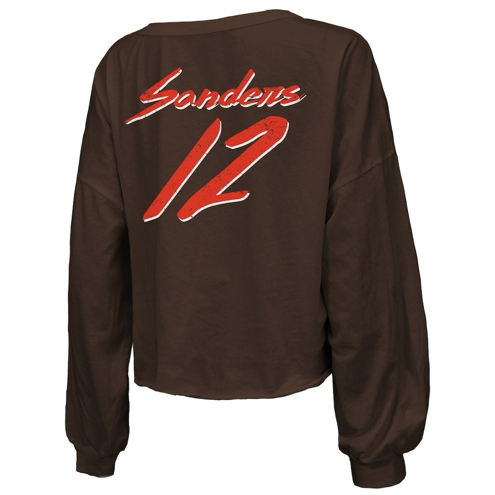 Shedeur Sanders Cleveland Browns Majestic Threads Women's Name & Number Off-Shoulder Script Cropped Long Sleeve Relaxed V-Neck T-Shirt Brown - NFL