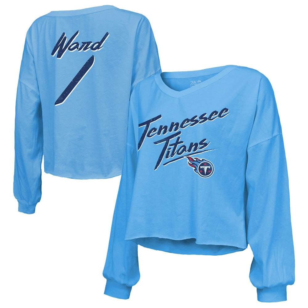 Cameron Ward Tennessee Titans Majestic Threads Women's Name & Number Off-Shoulder Script Cropped Long Sleeve Relaxed V-Neck T-Shirt Light Blue - NFL