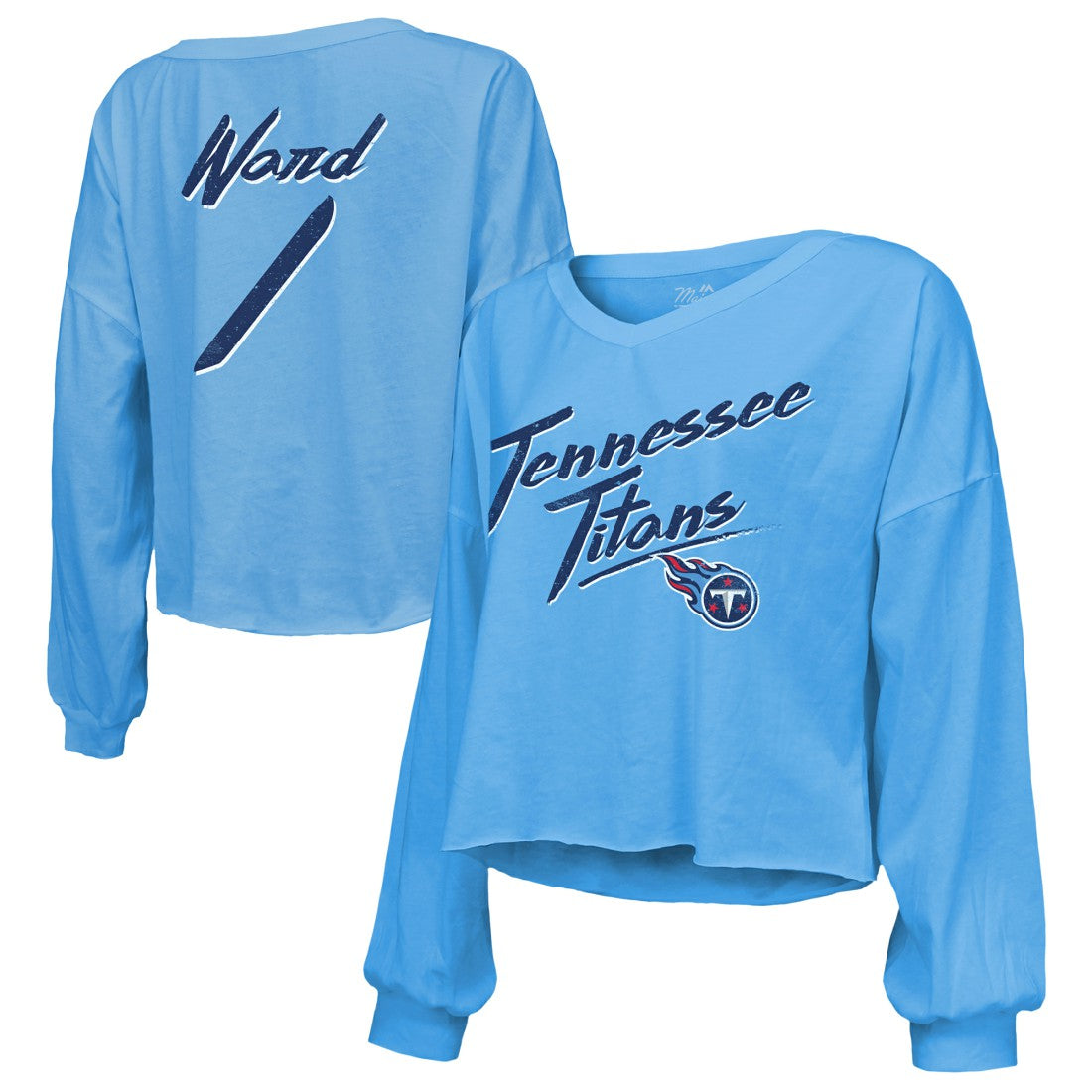Cameron Ward Tennessee Titans Majestic Threads Women's Name & Number Off-Shoulder Script Cropped Long Sleeve Relaxed V-Neck T-Shirt Light Blue - NFL