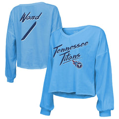 Cameron Ward Tennessee Titans Majestic Threads Women's Name & Number Off-Shoulder Script Cropped Long Sleeve Relaxed V-Neck T-Shirt Light Blue - NFL