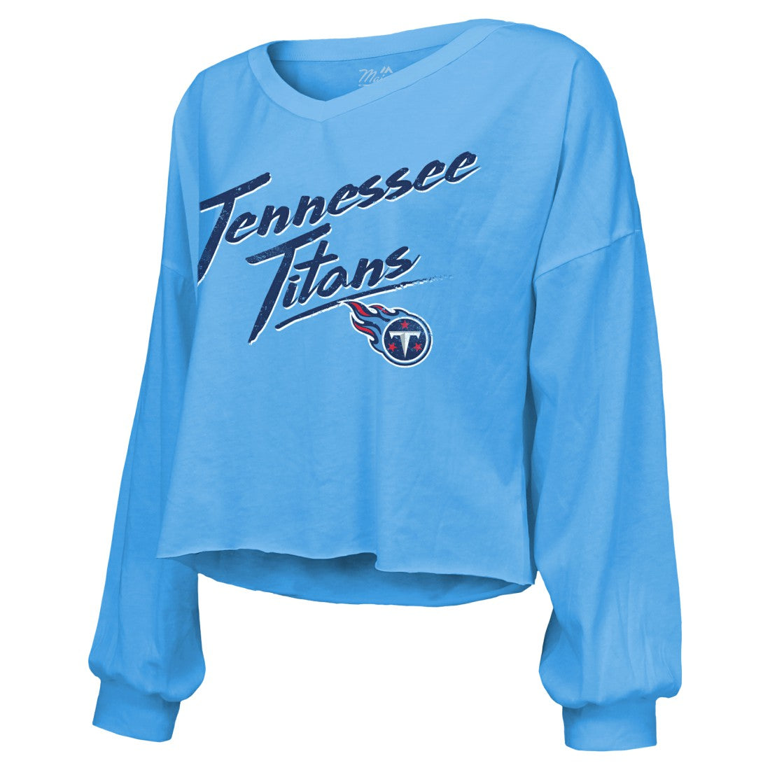 Cameron Ward Tennessee Titans Majestic Threads Women's Name & Number Off-Shoulder Script Cropped Long Sleeve Relaxed V-Neck T-Shirt Light Blue - NFL