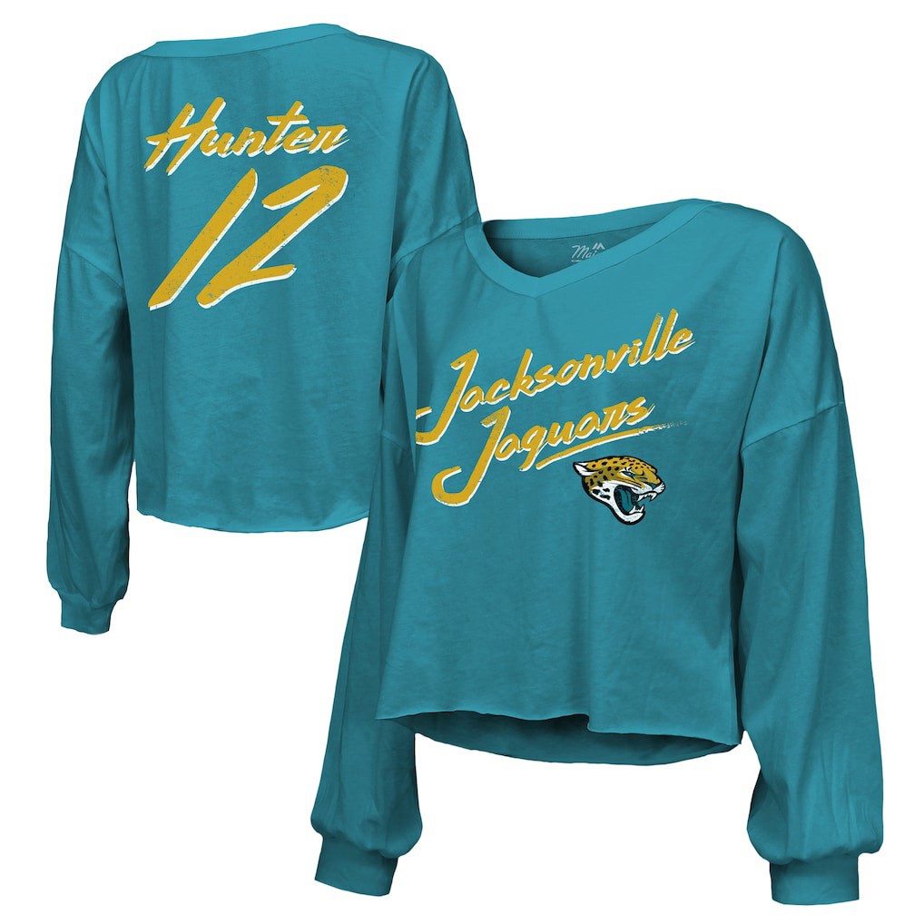 Travis Hunter Jacksonville Jaguars Majestic Threads Women's Name & Number Off-Shoulder Script Cropped Long Sleeve Relaxed V-Neck T-Shirt Teal - NFL