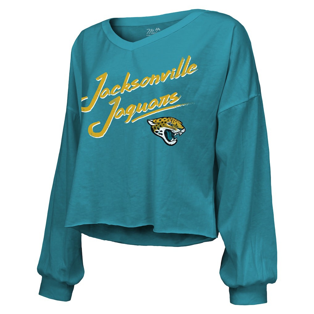 Travis Hunter Jacksonville Jaguars Majestic Threads Women's Name & Number Off-Shoulder Script Cropped Long Sleeve Relaxed V-Neck T-Shirt Teal - NFL