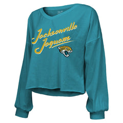 Travis Hunter Jacksonville Jaguars Majestic Threads Women's Name & Number Off-Shoulder Script Cropped Long Sleeve Relaxed V-Neck T-Shirt Teal - NFL