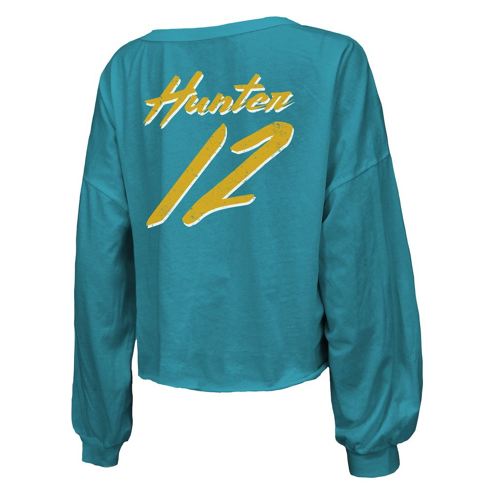 Travis Hunter Jacksonville Jaguars Majestic Threads Women's Name & Number Off-Shoulder Script Cropped Long Sleeve Relaxed V-Neck T-Shirt Teal - NFL