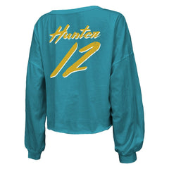 Travis Hunter Jacksonville Jaguars Majestic Threads Women's Name & Number Off-Shoulder Script Cropped Long Sleeve Relaxed V-Neck T-Shirt Teal - NFL