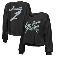 Ashton Jeanty Las Vegas Raiders Majestic Threads Women's Name & Number Off-Shoulder Script Cropped Long Sleeve Relaxed V-Neck T-Shirt Black - NFL
